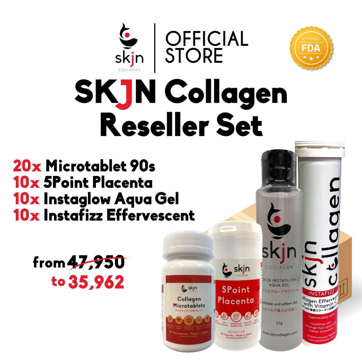 Reseller Set A: Get 25% off on 20 Microtablet 90s, 10 5Point Placenta, 10 AquaGel and 10 Instafizz